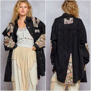 POL Black Cotton Floral Print Patchwork Button Down Loose Jacket Shacket